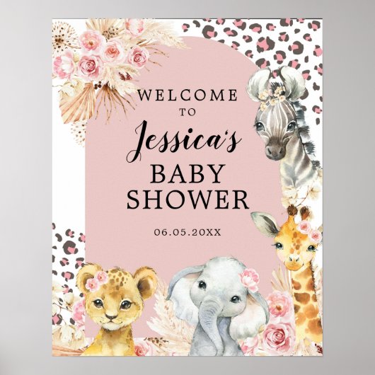 Roze Boho Safari Party Dieren Meisje Welkomstbord Poster (Voorkant)