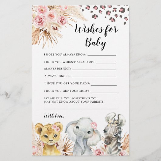 Roze Boho Safari Party Dieren Wensen voor Baby (Voorkant)