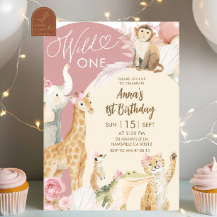 Roze Boho Safari Wild One Verjaardagsuitnodiging Kaart