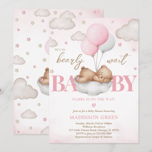 Roze Boho Slapen Beer Meisje Baby shower Kaart (Voorkant / Achterkant)