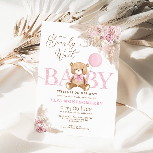 Roze Boho Teddy Bear Pampas Grass Girl Baby shower Kaart