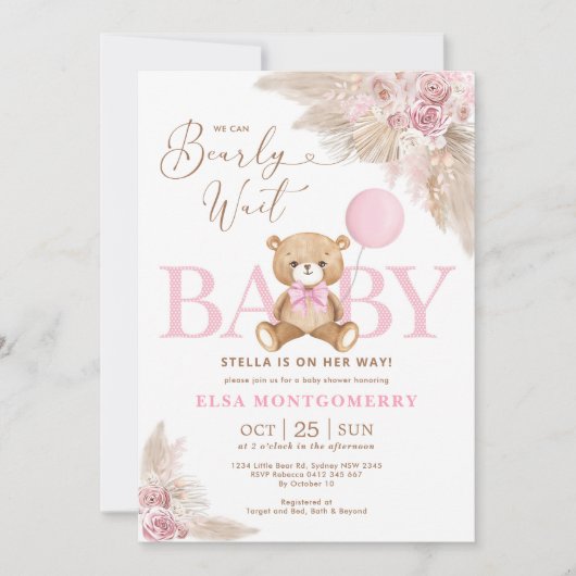 Roze Boho Teddy Bear Pampas Grass Girl Baby shower Kaart (Voorkant)