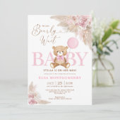 Roze Boho Teddy Bear Pampas Grass Girl Baby shower Kaart (Staand voorkant)
