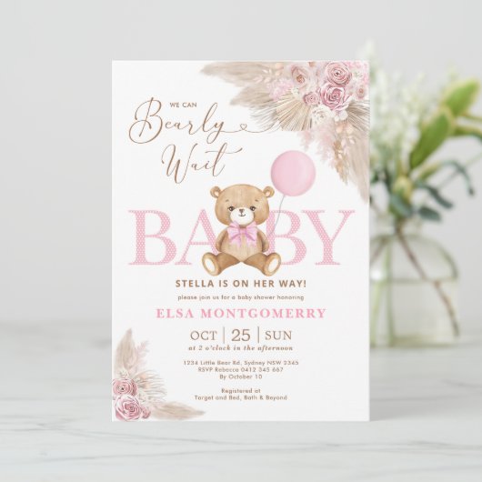 Roze Boho Teddy Bear Pampas Grass Girl Baby shower Kaart (Staand voorkant)