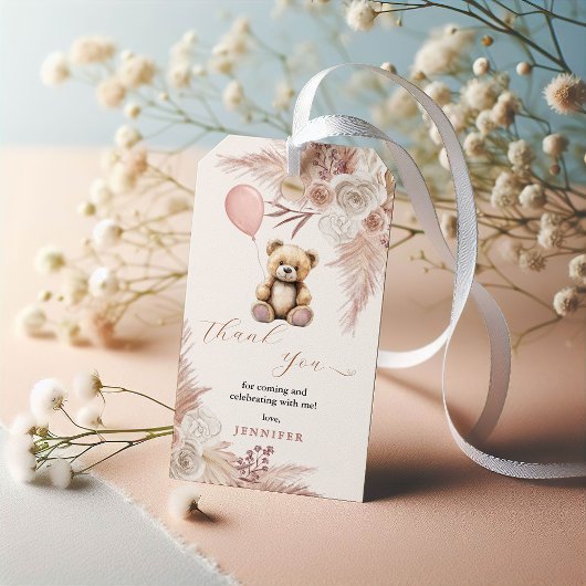 Roze Boho Teddybeer Babyshower Bedankt Cadeaulabel