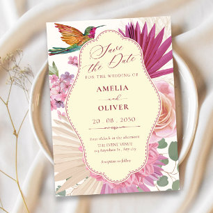 Roze boho tropische bloem bloeiende bruiloft save the date