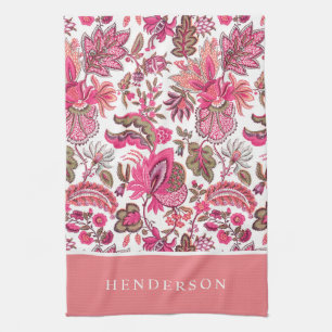 Roze Boho Vintage Bloemen Monogram Theedoek