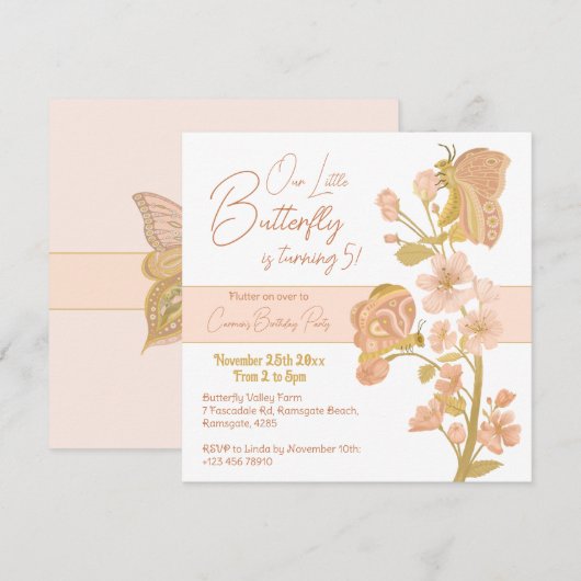 Roze Boho Vlinder Verjaardagsfeestje Kinder Kaart (Voorkant / Achterkant)