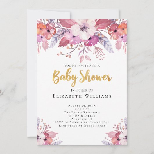 Roze Boho Waterverf Bloemen Meisje Baby Shower Kaart (Voorkant)