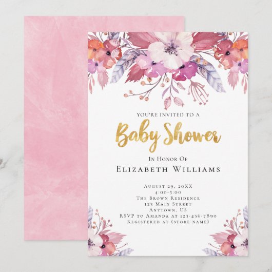 Roze Boho Waterverf Bloemen Meisje Baby Shower Kaart (Voorkant / Achterkant)