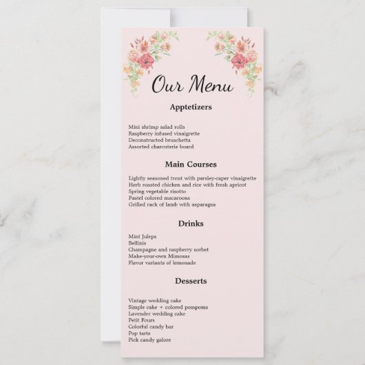 Roze Boho Waterverf Bloemen Menu Kaart (Voorkant)