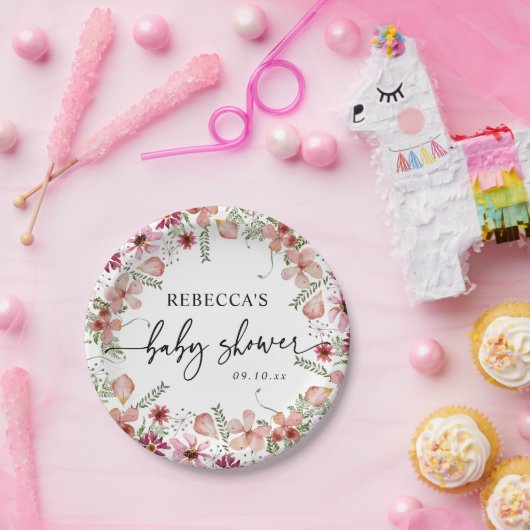 Roze Boho Wildbloemen Baby shower Papieren Borden Papieren Bordje (Feest)
