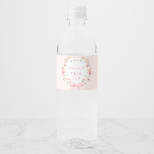 Roze Boho Wilde Bloemen Afstudeerfeest Afstuderen Waterfles Etiket (Voorkant)