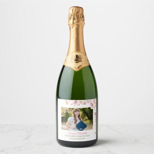 Roze Boho Wilde Bloemen Afstudeerfeest Sparkling Wijnetiket (Voorkant)