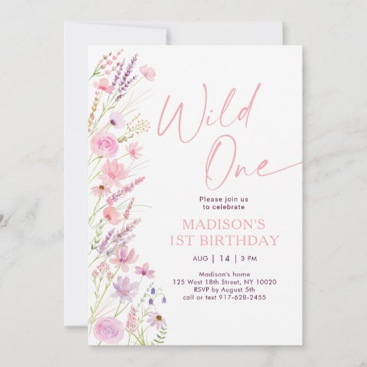 Roze Boho Wildflower eerste verjaardag Kaart (Voorkant)