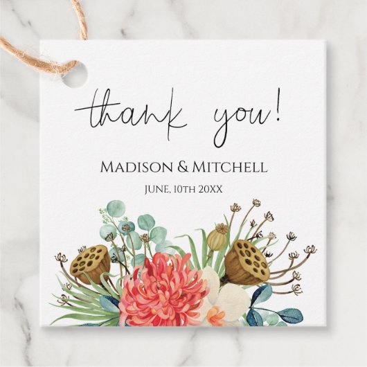 Roze Boho Wildflower Waterverf Boeket Bruiloft Bedankjes Labels (Voorkant)