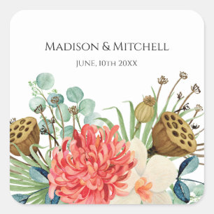 Roze Boho Wildflower Waterverf Boeket Bruiloft Vierkante Sticker