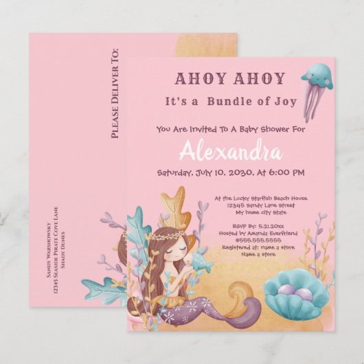 Roze Boho Zeemeermin, Onder het Zee Meisje Baby sh Uitnodiging Briefkaart (Voorkant / Achterkant)