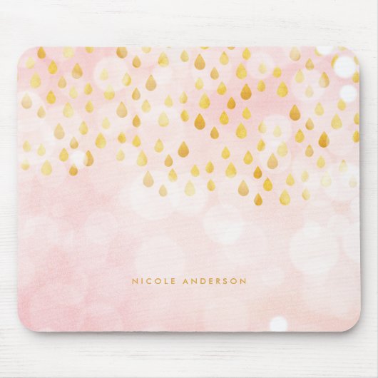 Roze Bokeh en regendruppels Gold Foil Confetti Muismat (Voorkant)