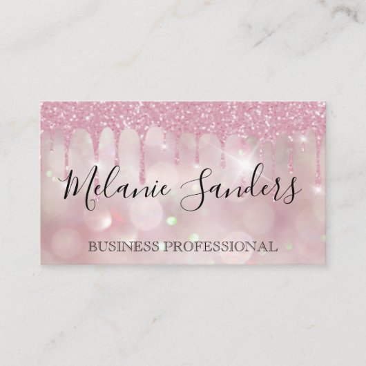 Roze Bokeh Glitter Drip | Fonkelende Schittering Visitekaartje (Voorkant)