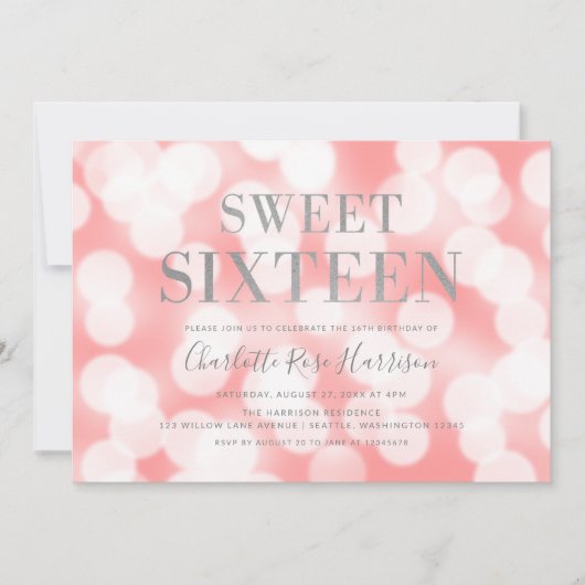 Roze Bokeh Lichtjes Zilver Sweet Sixteen Verjaarda Kaart (Voorkant)