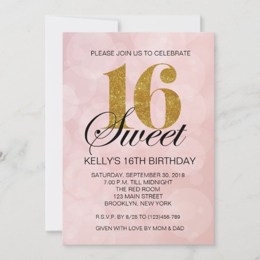 Roze Bokeh Lights Sweet 16 Gold Glitter Invitation Kaart (Voorkant)