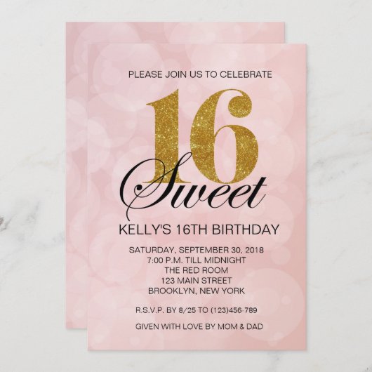 Roze Bokeh Lights Sweet 16 Gold Glitter Invitation Kaart (Voorkant / Achterkant)