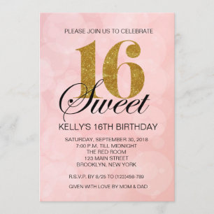 Roze Bokeh Lights Sweet 16 Gold Glitter Invitation Kaart