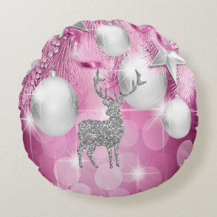 Roze Bokeh Ornament Balls Silver Reindeer Rond Kussen