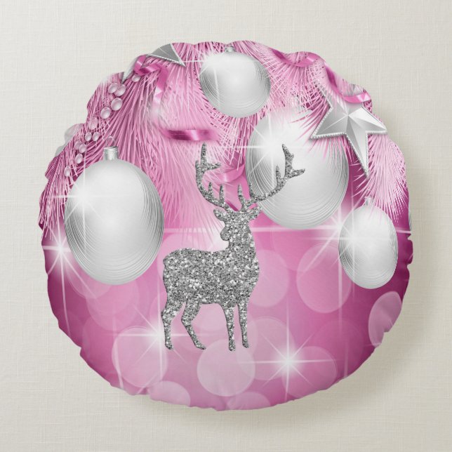 Roze Bokeh Ornament Balls Silver Reindeer Rond Kussen (Voorkant)