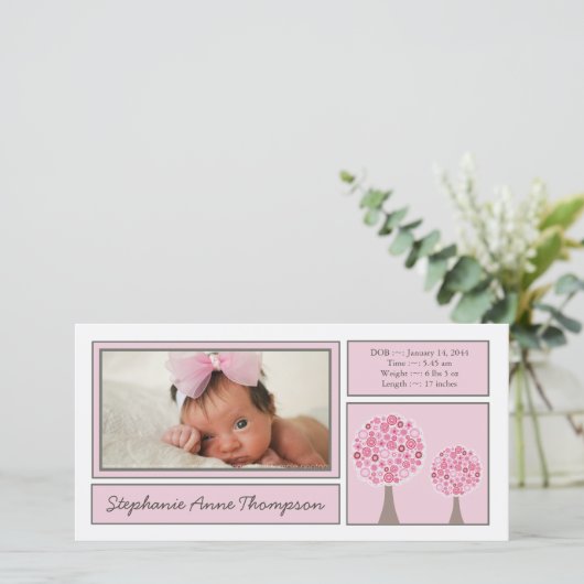 Roze Bomen Baby Meisje Geboorteaankondiging PhotoC Aankondiging (Staand voorkant)