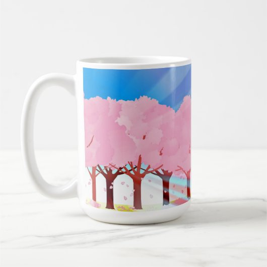 Roze bomen en blauw hemelontwerp koffiemok (Links)
