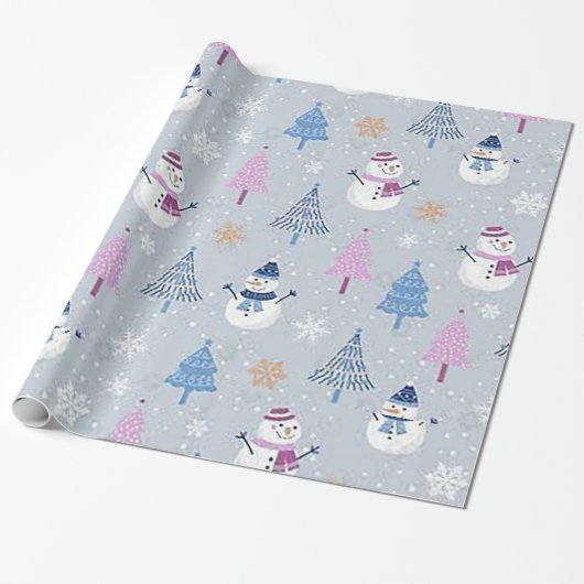 "Roze bomen en blauwe sneeuwpoppen" inpakpapier (Uitgerold)