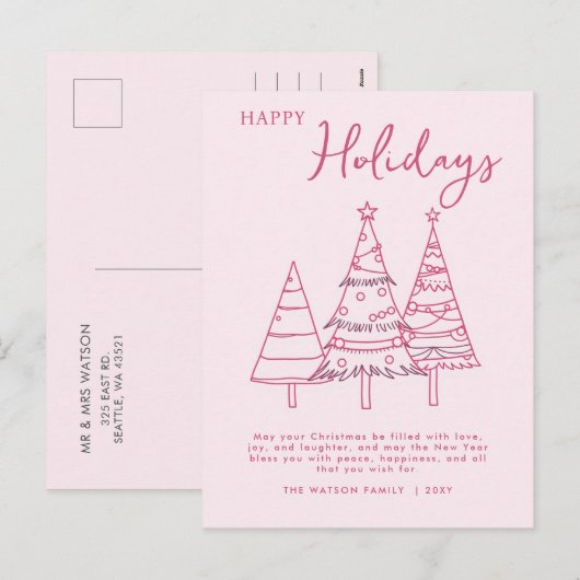 Roze bomen Hand getrokken Doodle Whimsy Kerstmis Feestdagenkaart (Voorkant / Achterkant)