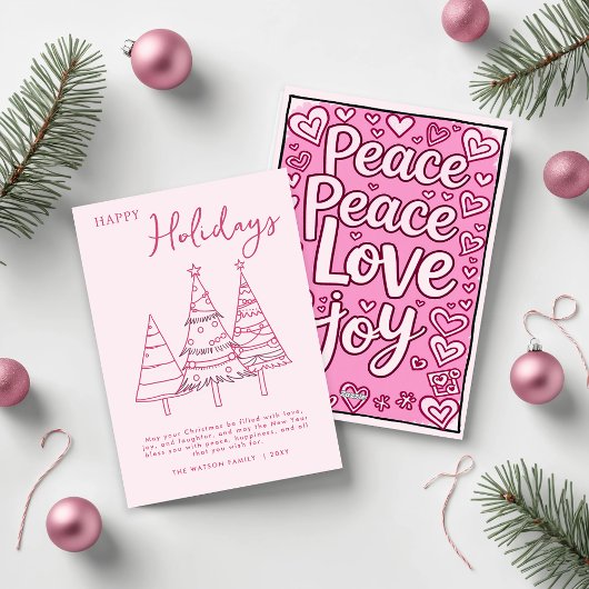 Roze bomen Hand getrokken Doodle Whimsy Kerstmis Feestdagenkaart