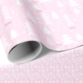 Roze Bomen Winter Naam Tekst Kerstmis Cadeaupapier
