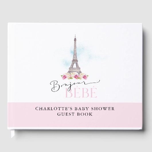 Roze Bonjour Bébé Eiffeltoren Baby shower Gastenboek (Voorkant)