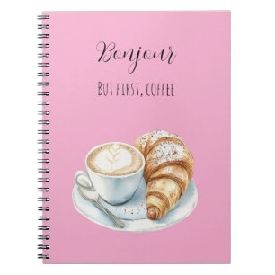 Roze Bonjour Croissant Maar Eerst, Koffie Notitieboek
