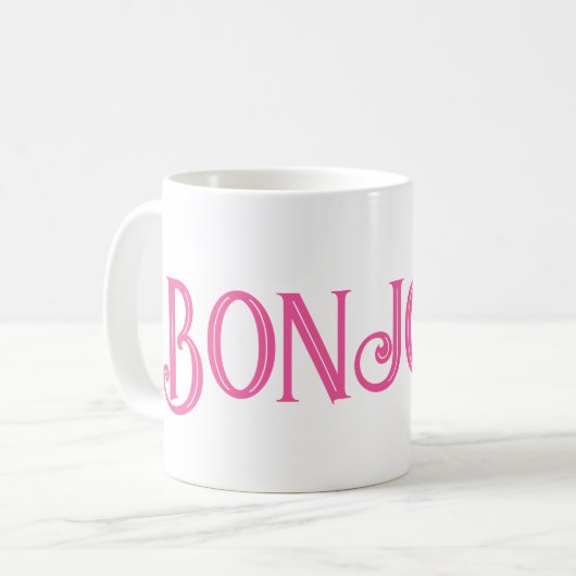 Roze Bonjour Witte Koffie Mok (Voorkant links)