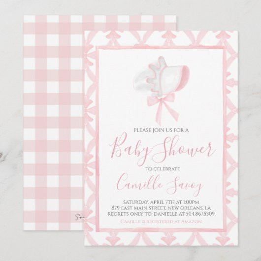 Roze Bonnet Meisje Baby shower Preppy Southern Kaart (Voorkant / Achterkant)