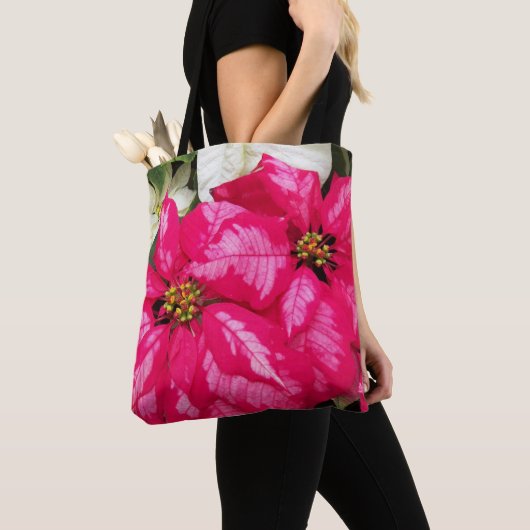 Roze bonte Poinsettia Holiday Canvas tas (Dichtbij)