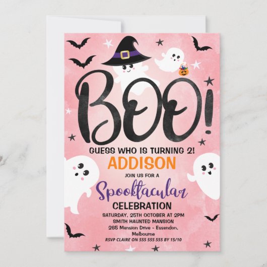 Roze Boo Ghost Halloween Party Birthday Uitnodigin Kaart (Voorkant)