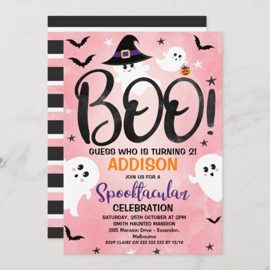 Roze Boo Ghost Halloween Party Birthday Uitnodigin Kaart (Voorkant / Achterkant)