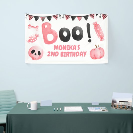 Roze Boo Twee Meisje Halloween Party 2e Verjaardag Spandoek (Beurs)