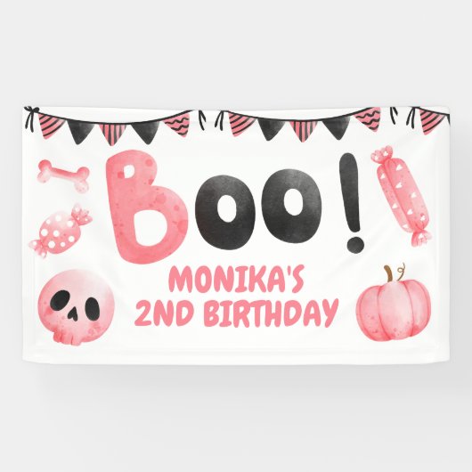 Roze Boo Twee Meisje Halloween Party 2e Verjaardag Spandoek (Horizontaal)
