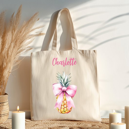 Roze boog ananas tropische naam script grote tote bag