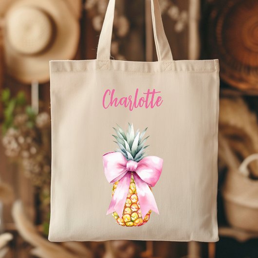 Roze boog ananas tropische naam script tote bag