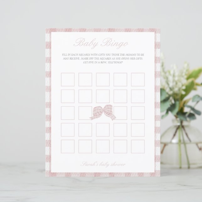 Roze boog baby shower bingo spel (Staand voorkant)