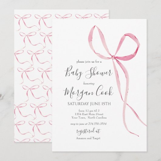 Roze boog baby shower uitnodiging, baby meisje dou kaart (Voorkant / Achterkant)