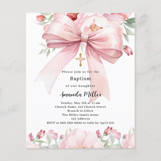 Roze boog bloemen meisje doop uitnodiging (Voorkant)